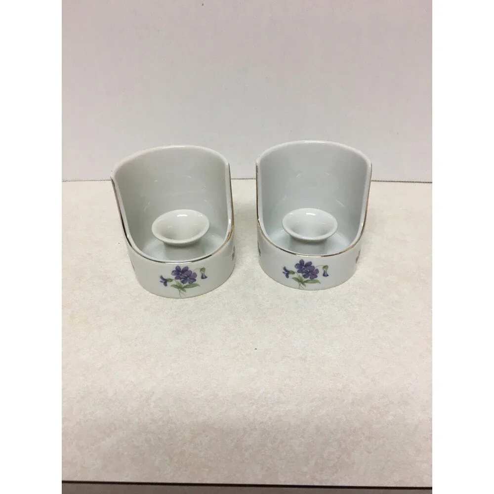 Vintage 2 Candle Holder Coffee Mug Design Purple Flowers Made In JAPAN PWF